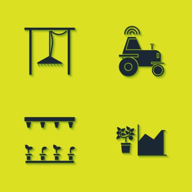 Otomatik sulama fıskiyeleri, çiçek istatistikleri ve kablosuz traktör akıllı çiftlik simgesini ayarla. Vektör.