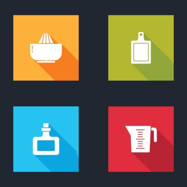 Citrus meyve sıkacağı, kesme tahtası, sos şişesi ve ölçü kabı ikonu. Vektör.