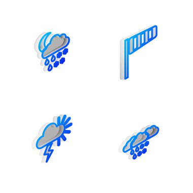 Isometric hattını ayarlayın Cone rüzgar gülü, kar, yağmur, ay, fırtına ve ikon bulutu. Vektör.