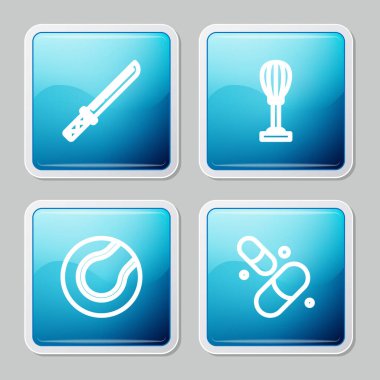 Japon katanası, kum torbası, tenis topu ve vitamin hapı ikonu. Vektör.