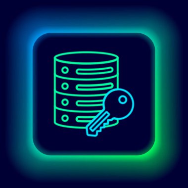 Siyah arkaplanda anahtar simgesi olan parlayan neon hattı sunucu güvenliği. Güvenlik, güvenlik, koruma kavramı. Renkli taslak konsepti. Vektör.