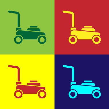 Pop art çim biçme makinesi simgesi renk arkaplanında izole edilmiş. Çim biçme makinesi çim biçiyor. Vektör.
