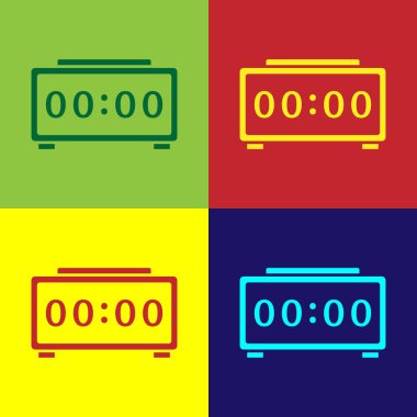 Pop Art Dijital Alarm Saati simgesi renk arkaplanında izole edildi. Elektronik çalar saat. Zaman simgesi. Vektör.