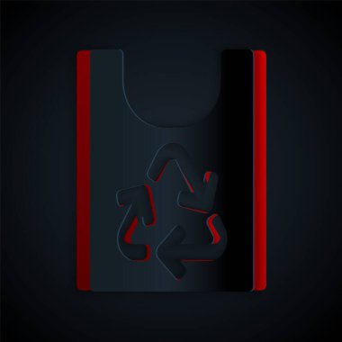 Siyah arkaplanda izole edilmiş geri dönüşüm simgesiyle kesilmiş plastik poşet. Geri dönüşüm sembollü çanta. Kağıt sanatı tarzı. Vektör.