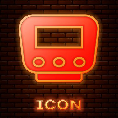 Parlayan neon bisiklet hız göstergesi simgesi tuğla duvar arka planında izole edilmiş. Vektör.