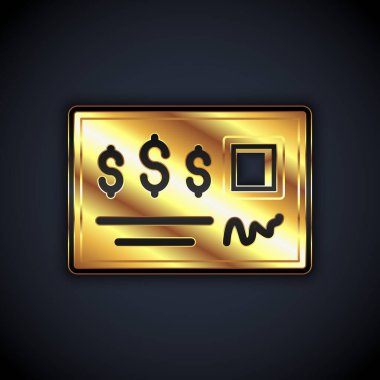 Banka çekinin altın boş şablonu ve siyah arkaplanda izole edilmiş kalem simgesi. Doldurulacak boş alanlarla birlikte kontrol defteri çek sayfası. Vektör.