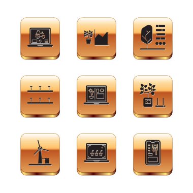 Akıllı çiftlik rüzgârı türbini akıllı tarım teknolojisi otomatik sulama sistemi bitki durum kontrol sistemi ve çiçek istatistik simgesi için dizüstü bilgisayar uygulamasını ayarlayın. Vektör.