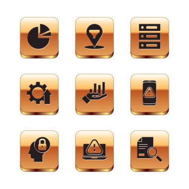 Pasta grafiği bilgisel insan başını dizüstü bilgisayar ünlem işaretli Arrow büyütme dişlisi Sunucu Veri Sunucusu Belge Arama ve Konum satış hunisi ikonu ile ayarla. Vektör.