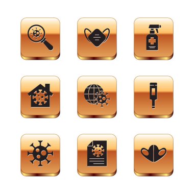 Virüsü, kan testi sonuçlarıyla büyüteç panonun altına yerleştir. Dünya virüsü. Sıvı antibakteriyel sabun maskesi ve ikonu evde bırak. Vektör.