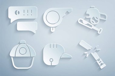 Beyzbol şapkalı beysbol kask sopası kırık beysbol ıslığı ve konuşma balonu sohbet ikonu. Vektör.