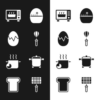 Mutfak çırpısı kırılan yumurta mikrodalga fırın zamanlayıcısı ızgara ızgara çelik ızgara ve ekmek kızartma ikonu hazırla. Vektör.