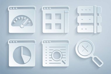 Arama motoru sunucusu grafiği bilgi büyüteci grafiğini ayarla ve tarayıcı dosyalarını ve dijital hız ölçer simgesini sil. Vektör.