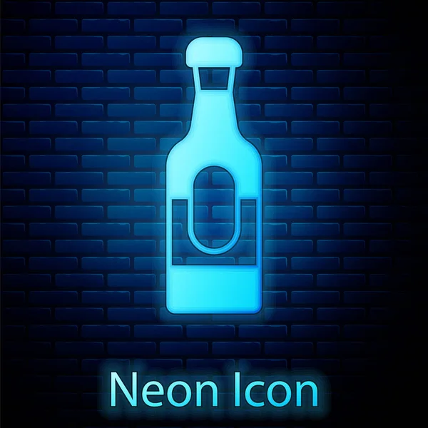 Glödande Neon Vinflaska Ikon Isolerad Tegelvägg Bakgrund Vektor — Stock vektor