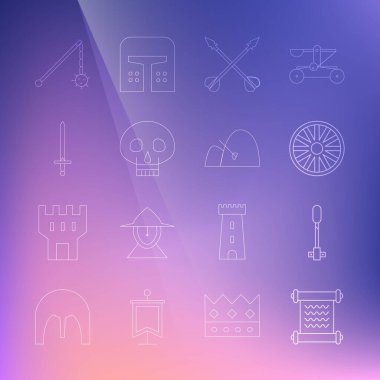 Parşömen Parşömeni Parşömen Alevi Eski tahta tekerlek çapraz oklar Kafatası kılıç zincirli gürz topu ve saman ve tırmık ikonu Bale. Vektör.