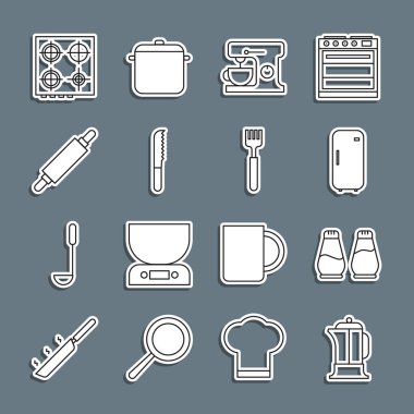 Fransız baskı hattı Tuz ve biber karıştırıcı elektrikli ekmek bıçağı Rolling Gas sobası ve çatal ikonu hazırla. Vektör.