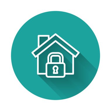 Beyaz Saray uzun gölgeli izole edilmiş koruma ikonu altında. Eve git ve kilitle. Koruma, güvenlik, güvenlik, koruma, savunma konsepti. Yeşil daire düğmesi. Vektör.