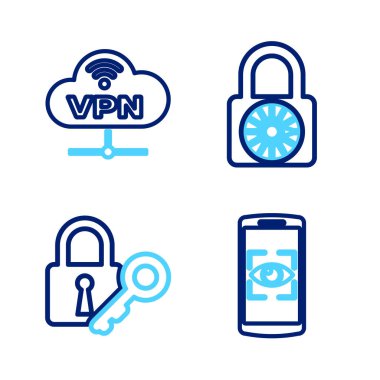 Satır Mobil ve göz tarama kilit kilit kombinasyon kilit tekerleği ve VPN ağ bağlantı simgesini ayarla. Vektör.