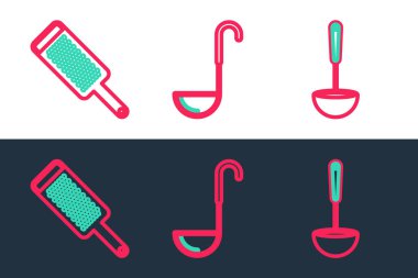 Set line Kitchen ladle Grater and icon. Vector.