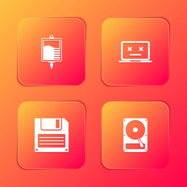 Serum torbasını, ölü dizüstü bilgisayarı, disketi ve HDD simgesini ayarla. Vektör.