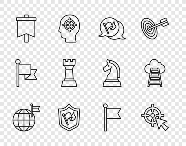 Imposta Linea Pianeta Con Bandiera Target Flag Shield Chess Icona — Vettoriale Stock