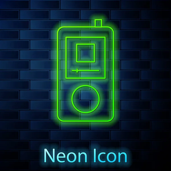 Ragyogó Neon Vonal Zene Lejátszó Ikon Elszigetelt Téglafal Háttér Hordozható — Stock Vector