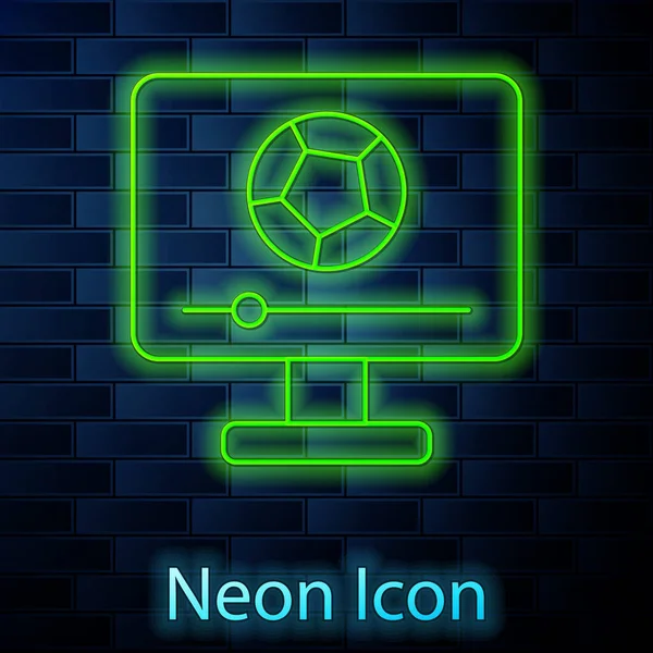 Leuchtende Neon Linie Fußballspiel Auf Ikone Isoliert Auf Backsteinwand Hintergrund — Stockvektor