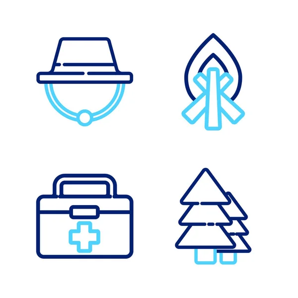 stock vector Set line Tree First aid kit Campfire and Camping hat icon. Vector.