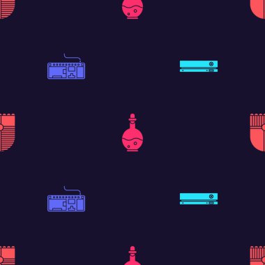 Video oyun konsolunu, Bilgisayar klavyesini, sihirli iksiri ve kalkanı dikişsiz kalıba göre ayarla. Vektör.