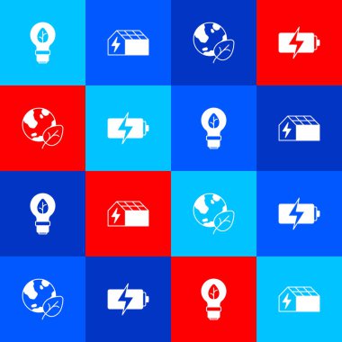 Ampulü yaprak, güneş enerjisi paneli, dünya küresi ve pil ikonu ile ayarla. Vektör.