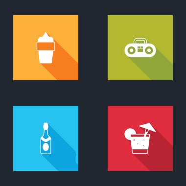 Dondurmayı waffle külahına koy, iki hoparlörlü ev teybi, şampanya şişesi ve kokteyl ikonu. Vektör.