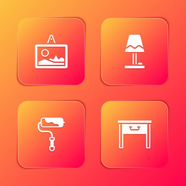 Resim Masası lambası boya fırçası ve mobilya komodininin simgesini ayarla. Vektör.