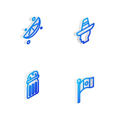 Isome hattı Meksikalı sombrero, dilimlenmiş limon, tuz ve Meksika bayrağı ikonu. Vektör.