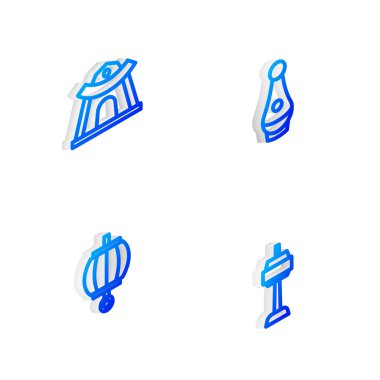 Isometric hattı Soju şişesi, Kore tapınağı, fener ve N Seul kulesini Güney simgesine yerleştir. Vektör.