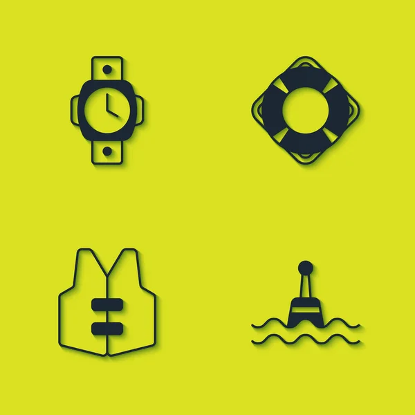Set Diving Watch Floating Buoy Life Jacket Lifebuoy Icon Vector — Stock Vector
