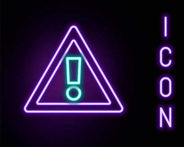 Gloeiende Neon Lijn Uitroepteken Driehoek Pictogram Geïsoleerd Zwarte Achtergrond Gevarenwaarschuwingsbord — Stockvector