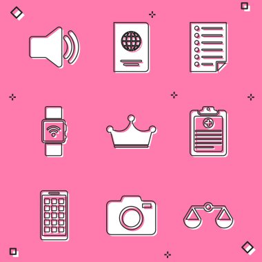 Hoparlör sesi, Pasaport, Belge, Kablosuz Smartwatch, Crown ve Klinik kayıt simgesini ayarla. Vektör