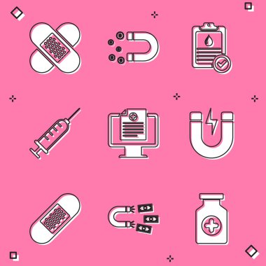 Çapraz bandaj bandı, paralı mıknatıs, pano kan testi, şırınga, klinik kayıt cihazı ve yıldırım ikonu hazırla. Vektör