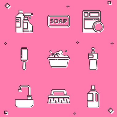 Temizlik malzemesi için şişe, sabun, bulaşık makinesi, yapıştırıcı, köpüklü plastik leğen, bulaşık deterjanı, lavabo musluğu ve fırça ikonu. Vektör