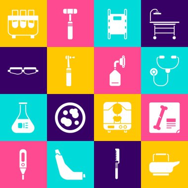 Lazımlık, röntgen, steteskop, sedye, diş matkabı, güvenlik gözlüğü, test tüpü, matara ve tıbbi oksijen maskesi ikonu. Vektör