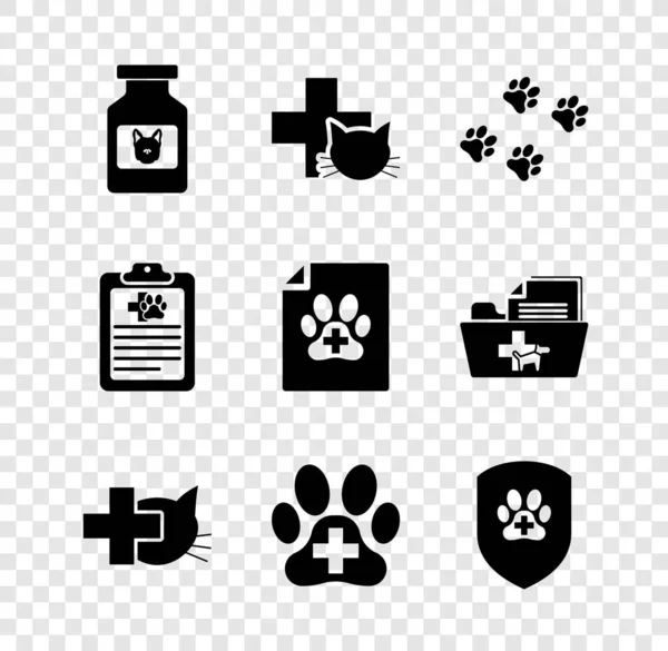 Set Dog Medicijn Fles Veterinaire Kliniek Paw Print Animal Ziektekostenverzekering — Stockvector