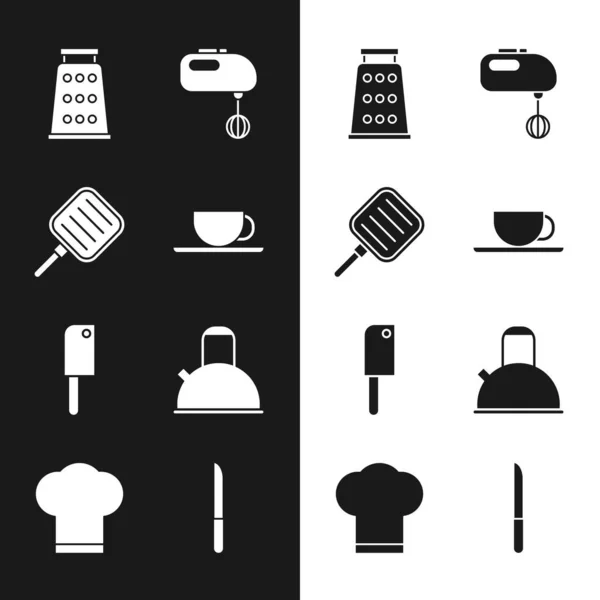 采购产品设置咖啡杯 研磨机 电动搅拌机 肉切碎机 壶与柄 刀和厨师帽子图标 — 图库矢量图片