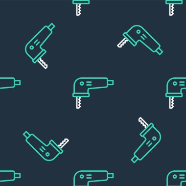 Keskin çelik bıçak ikonlu elektrikli yapboz siyah arkaplanda izole edilmiş kusursuz desen. Ahşap işçiliği için elektrikli alet. Vektör.