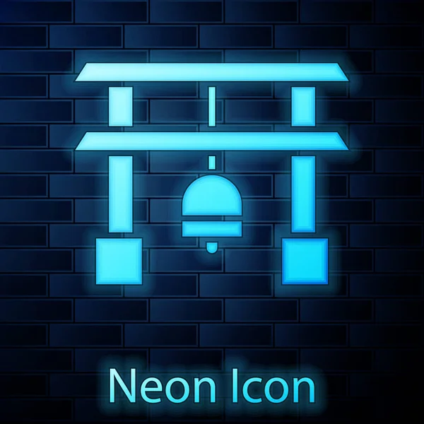 Icona Luminosa Neon Japan Gate Isolata Sfondo Muro Mattoni Torii — Vettoriale Stock