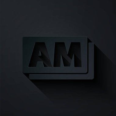 Kağıt kesiği AM simgesi siyah arkaplanda izole edildi. Zaman sembolü. Kağıt sanatı tarzı. Vektör.