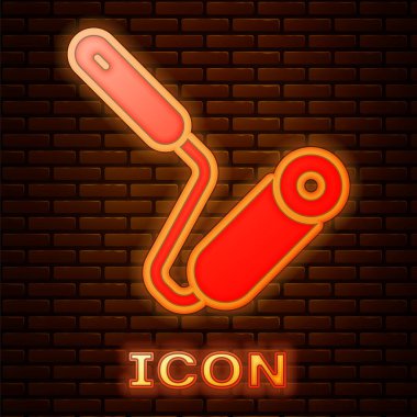 Parlayan neon boya fırça ikonu tuğla duvar arka planında izole edilmiş. Vektör.