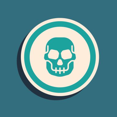 Yeşil Meksika kafatası para simgesi yeşil arka planda izole. Uzun gölge tarzı. Vektör.