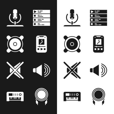 Müzik çalar Stereo hoparlörü Mikrofon çalma listesi Hoparlörü Sesi kısar ve sentezleyici simgesi oluşturur. Vektör.