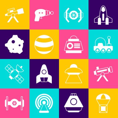 Mars Gezegeni Asteroid ve Uzay kapsülü ikonu paraşütlü Teleskop Gezegeni 'nde uçan kutuyu ayarla. Vektör.