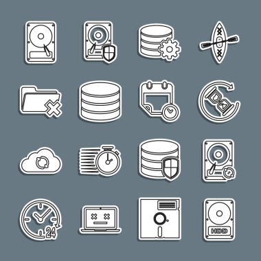 Satır sabit disk sürücüsü HDD eşzamanlama yenileme veritabanı veritabanı veritabanı veritabanı silme dizini, takvim ve saat simgesini ayarla. Vektör.