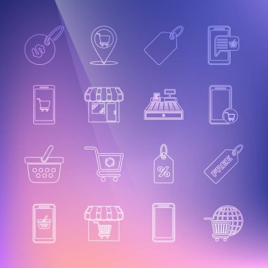 Küresel Price Mobile etiketli bir alışveriş arabası ve market fiyatları şablonu ve yazar kasa ikonu olan bir alışveriş arabası ayarla. Vektör.